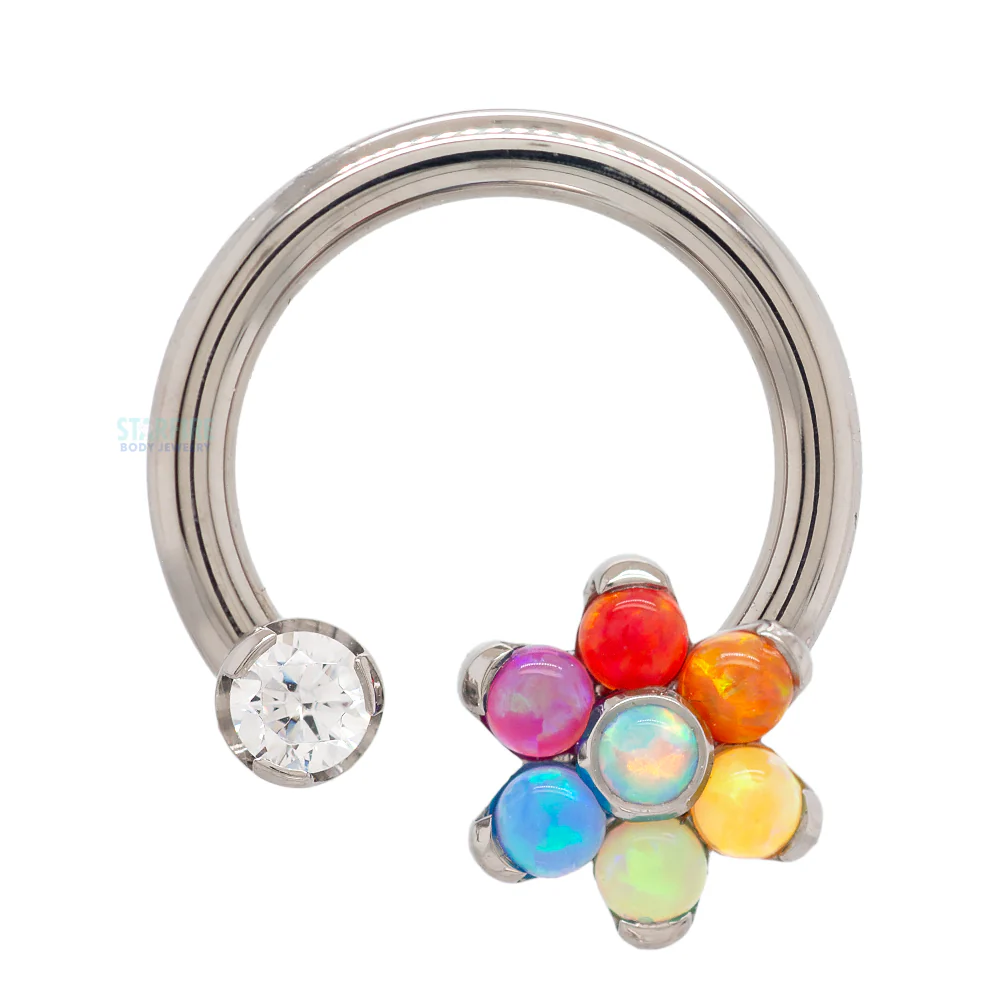 Front Facing Circular Barbell with Brilliant-Cut Gem & Opal Flower - custom color combos