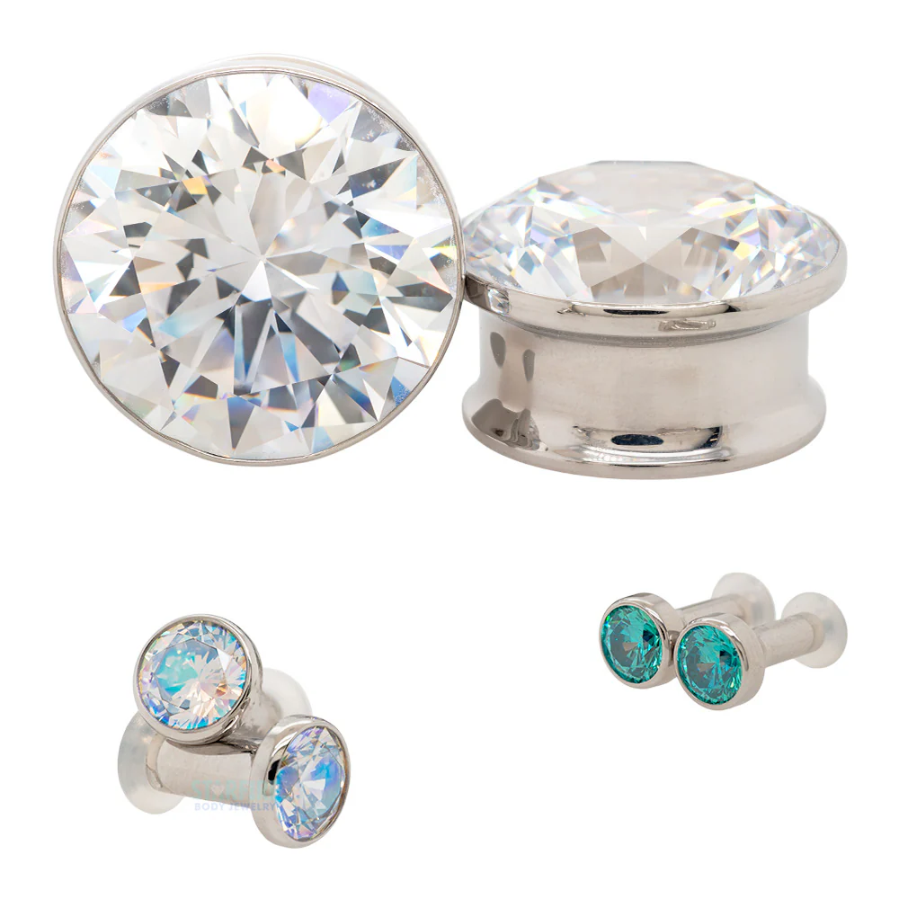 Single Gem BIG BLING Plugs ( Eyelets ) with Brilliant-Cut Gem - Cubic Zirconia - Image 2