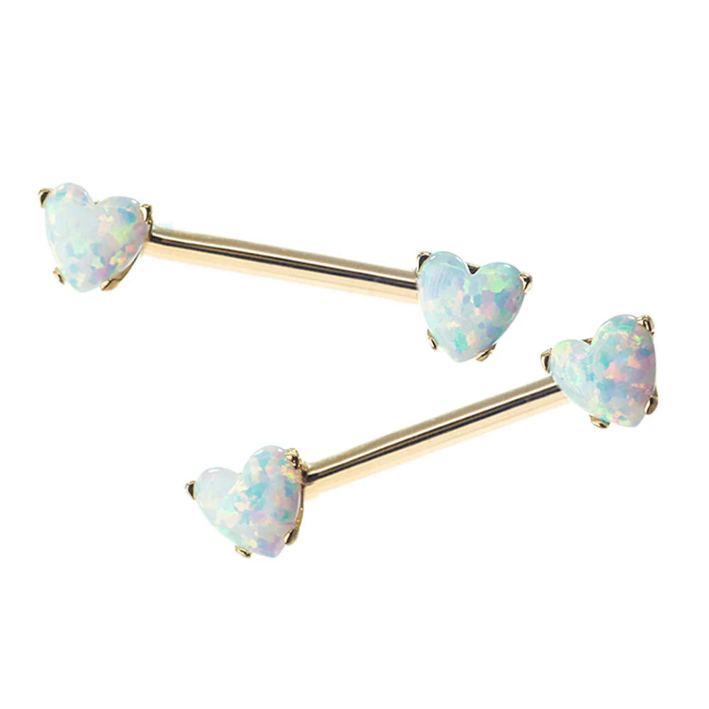 threadless: Heart-Cut Opal Cabochon Side-Set Nipple Barbells in Prong's in Gold