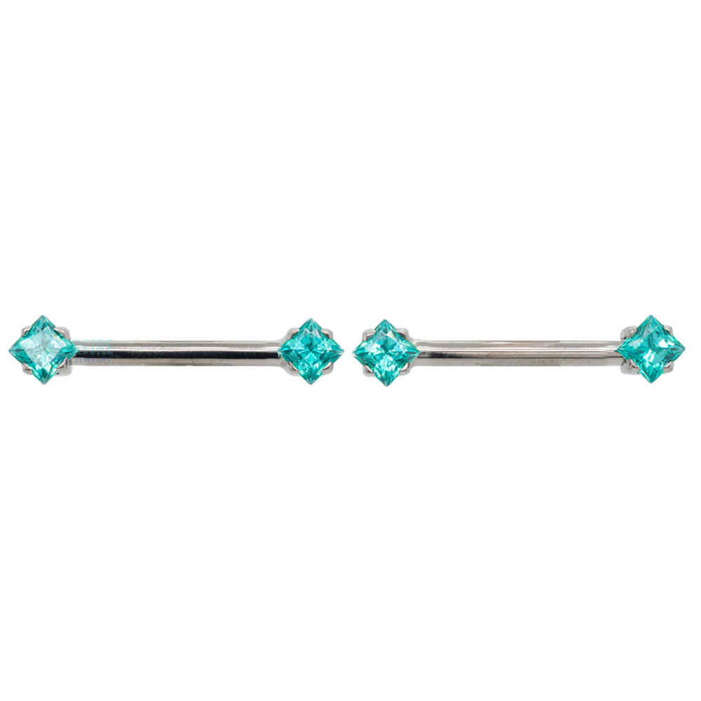 threadless: Princess-Cut Brilliant-Cut Gems Side-Set Nipple Barbells in Prong's - 1/2" - pair - Image 6