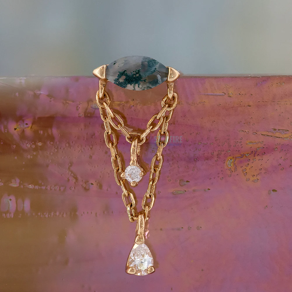 threadless: "Saint Vincent" Hidden Helix End with Chains in Gold with Moss Agate & CZ's - Image 2
