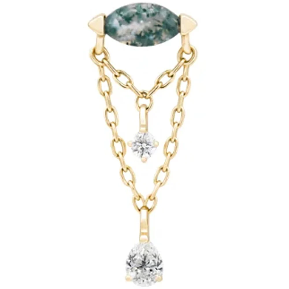 threadless: "Saint Vincent" Hidden Helix End with Chains in Gold with Moss Agate & CZ's - Image 3
