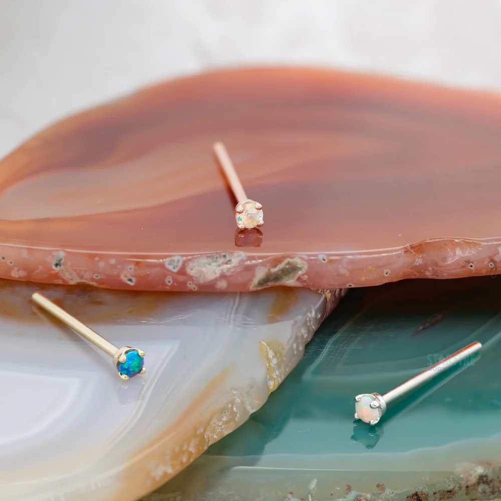 Four Prong Nostril Screw in Gold & Platinum with Faceted White Opal - Image 2