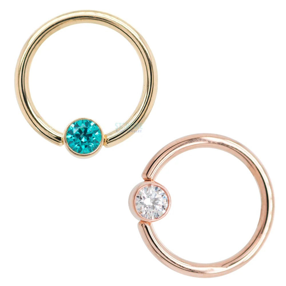 Captive Bead Ring (CBR) in Gold with Bezel-set Salmon CZ Captive Bead - Image 3