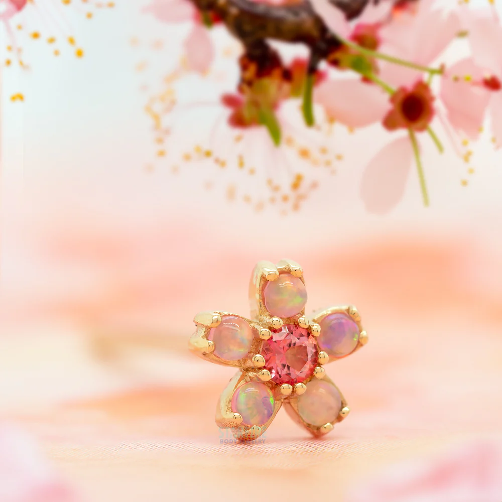 Cherry Blossom Nostril Screw in Gold with Pink Opal & Pink Topaz - Image 2