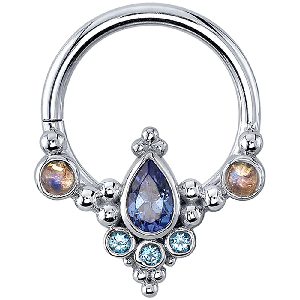 "Colada" Seam Ring in Gold & Platinum with Tanzanite, Ice Blue Topaz & Rainbow Moonstones - Image 2