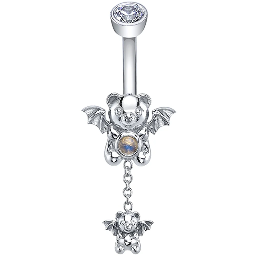 "Contessa Nocturna" Navel J Curve in Gold & Platinum with Rainbow Moonstone & DIAMOND