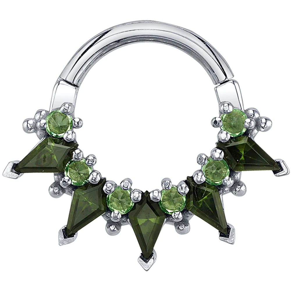 "Desdemona" Hinge Ring in Gold & Platinum with Green Tourmalines & Reverse-Set Tsavorites - Image 2