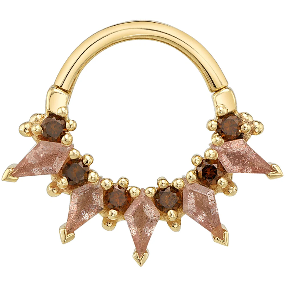 "Desdemona" Hinge Ring in Gold & Platinum with Oregon Sunstones & Chocolate Diamonds - Image 2