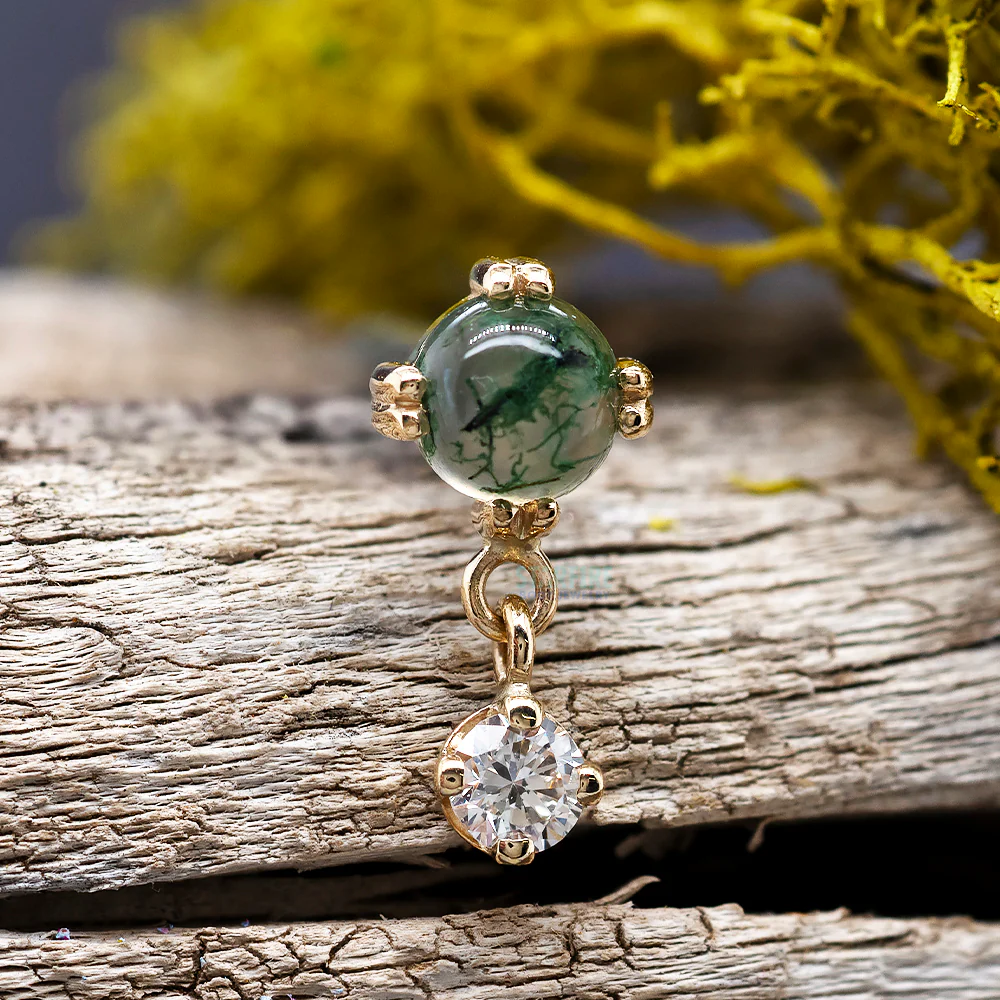 "Duet - Cab Prong" Threaded End in Gold with Moss Agate & DIAMOND - Image 2