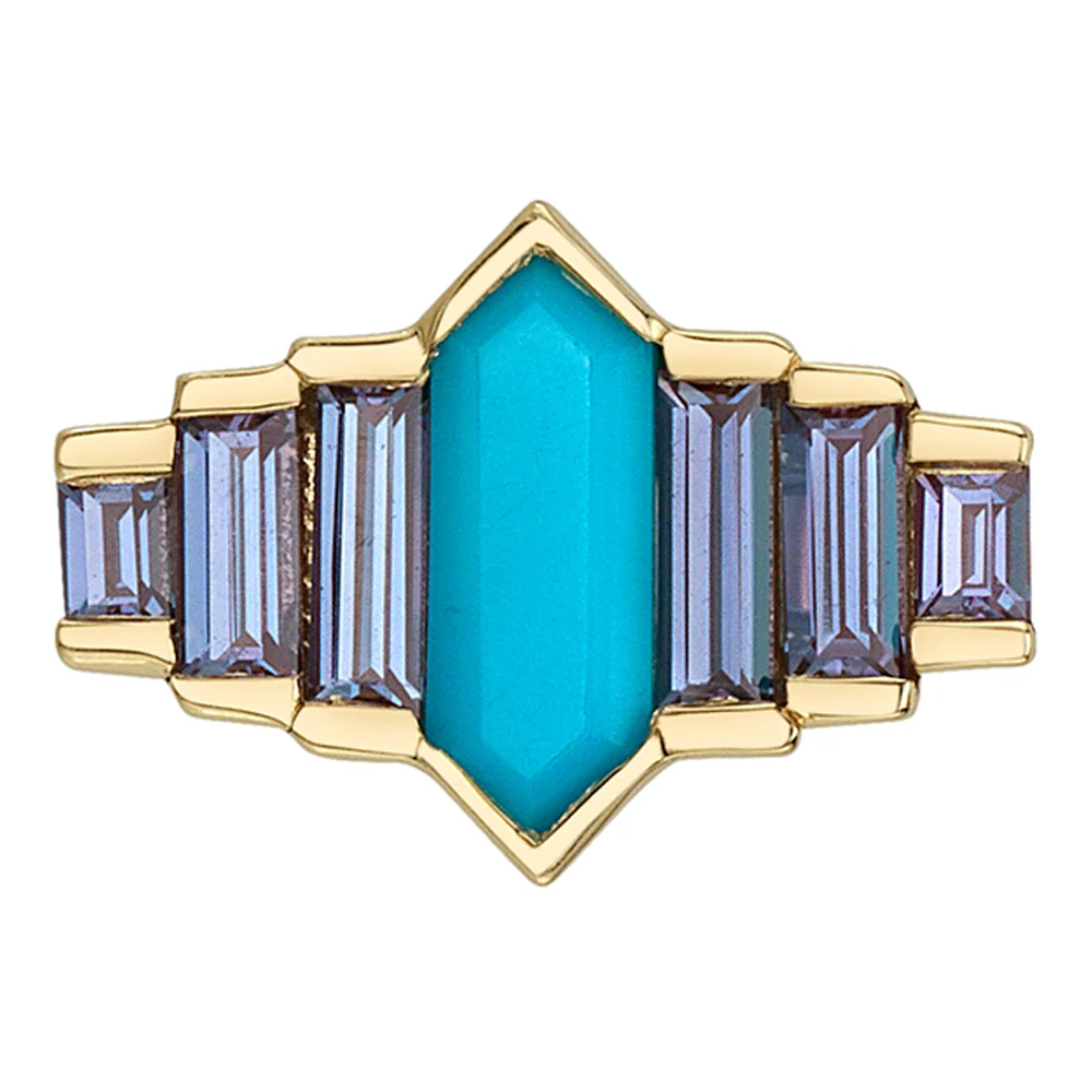 "Fitzgerald" Threaded End in Gold & Platinum with Turquoise & Chatham Alexandrites - Image 2