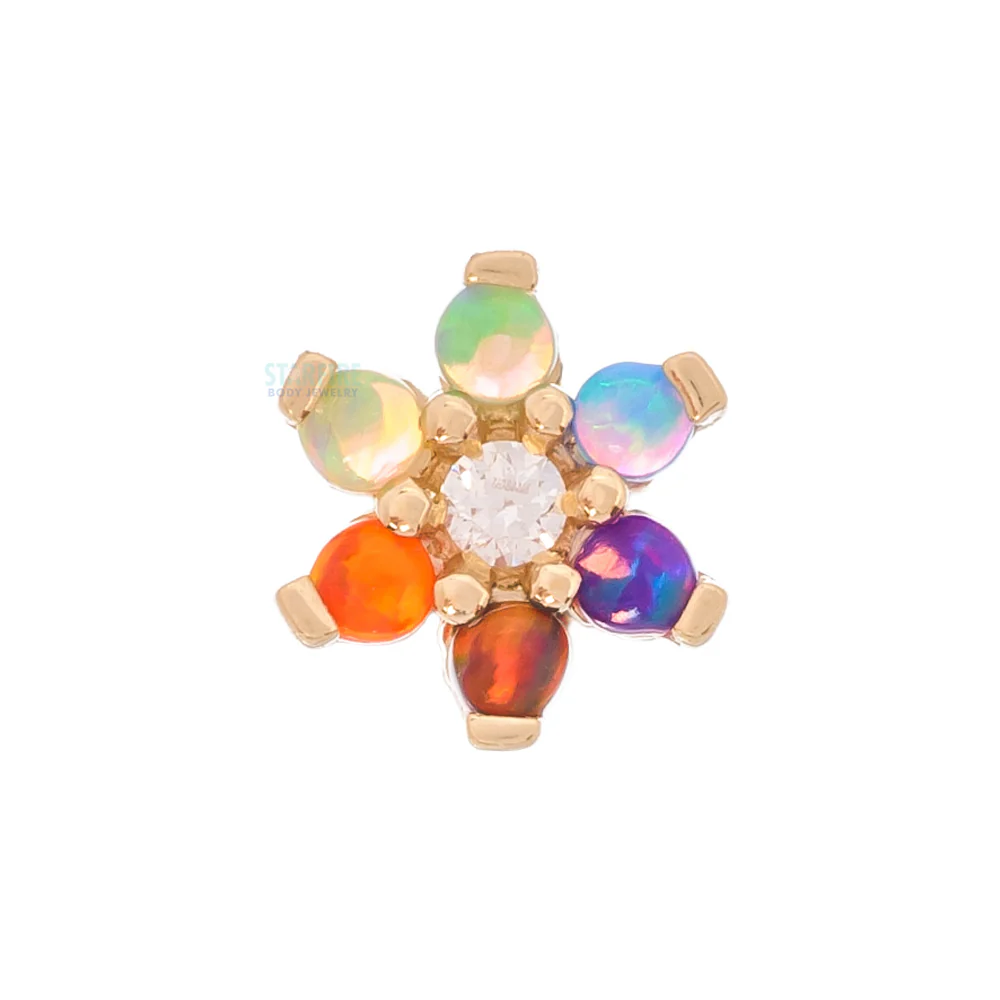 Flower #2 Nostril Screw in Gold with Rainbow Cabochon Opals & White CZ - Image 2