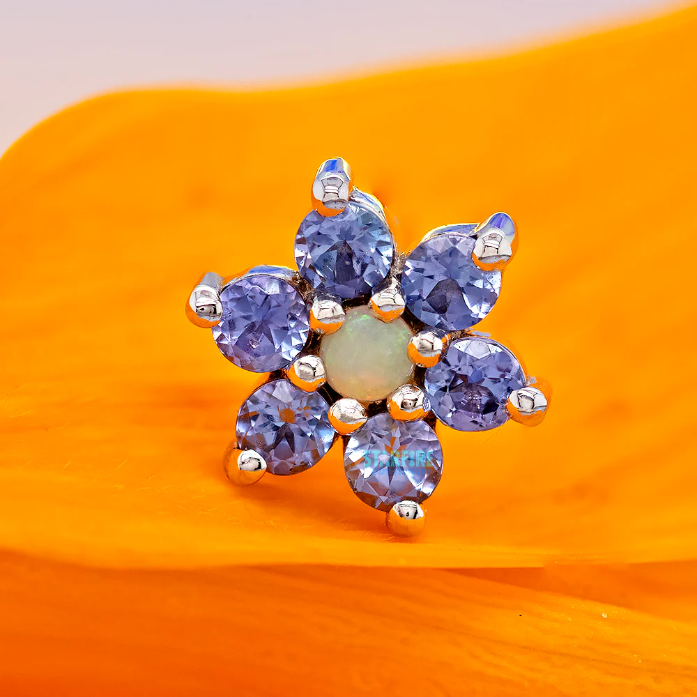 Flower #2 Threaded End in Gold with Tanzanite & Genuine White Opal - Image 2