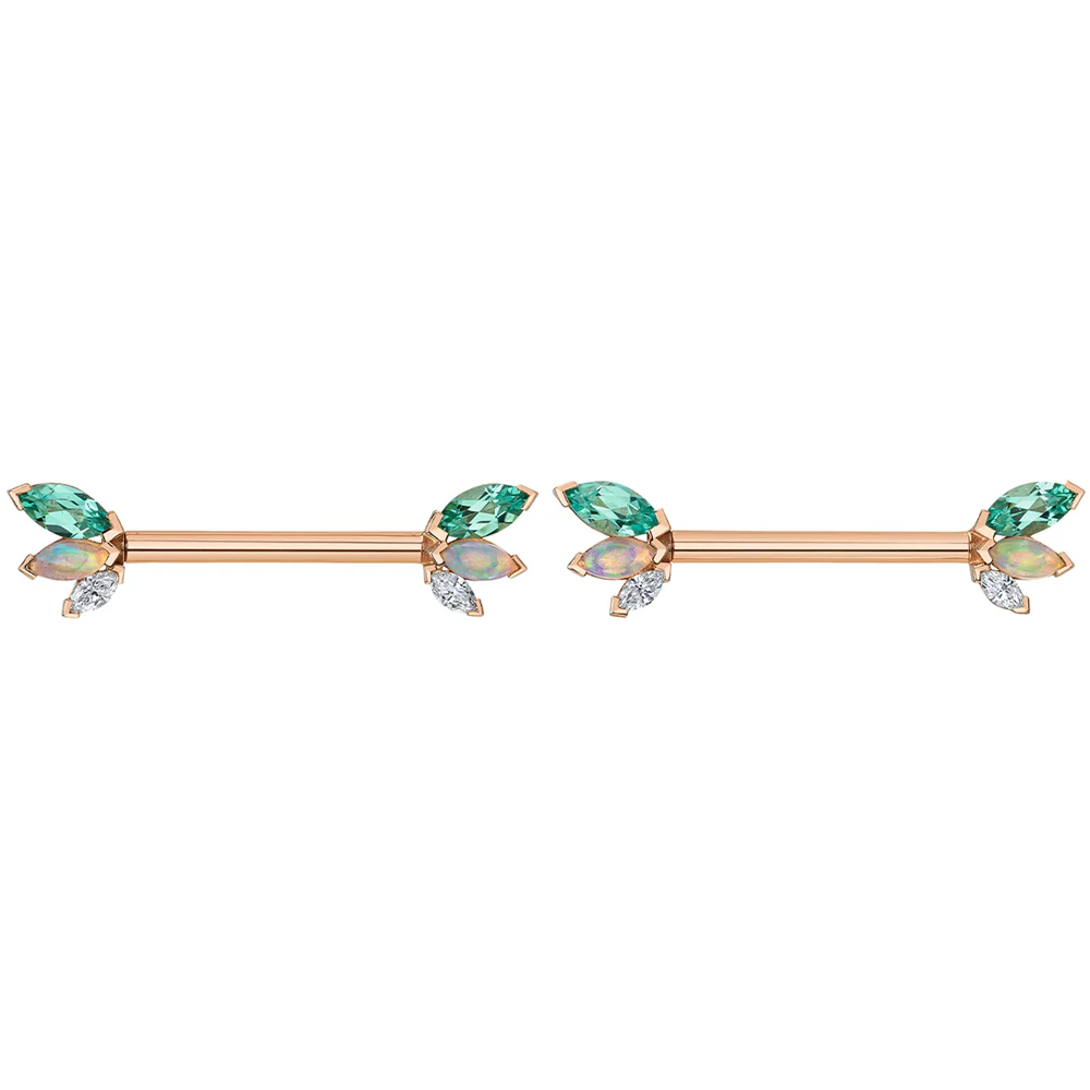 "French Kiss" Forward Facing Nipple Barbells in Gold & Platinum with Chatham Chrysoberyl, Genuine White Opal & DIAMONDS - Image 2