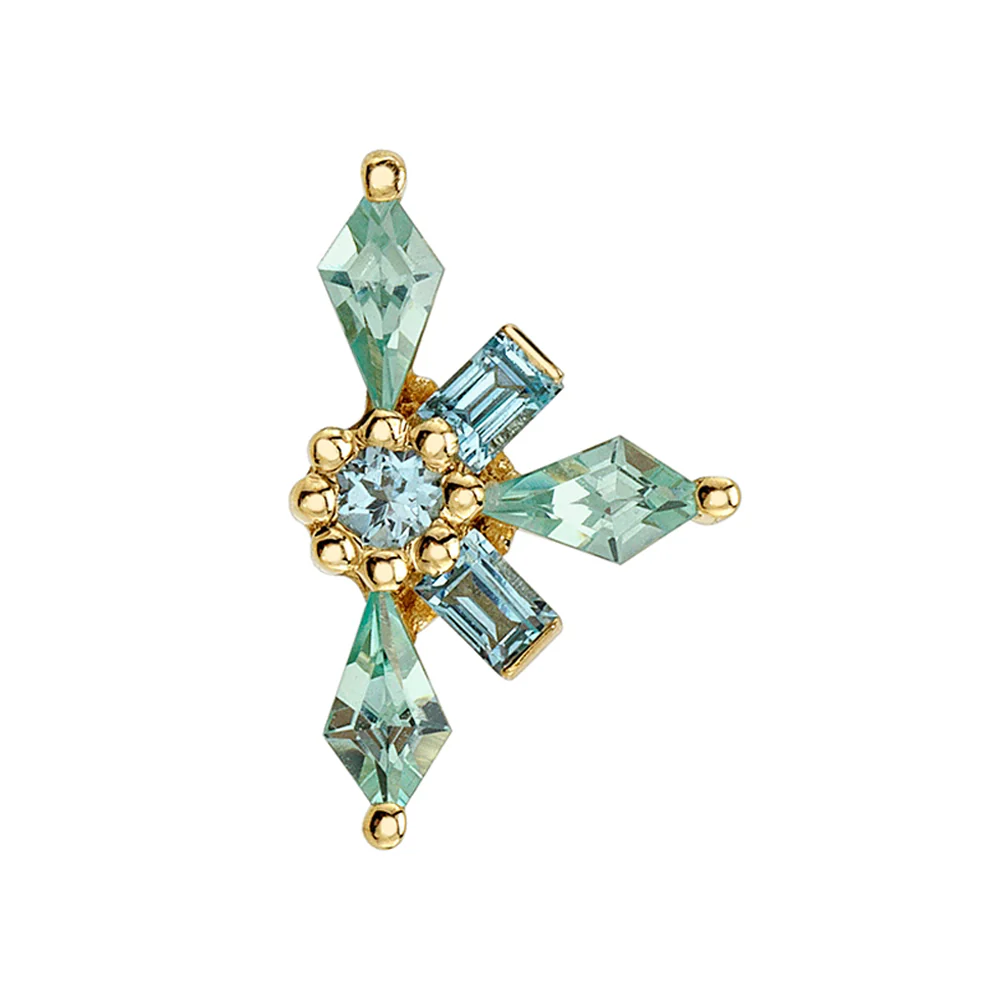 "Half Akira" Threaded End in Gold & Platinum with Swiss Blue Topaz & Chatham Chrysoberyl - Image 2