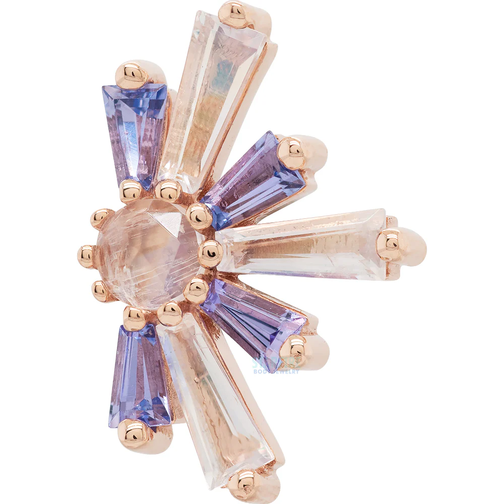"Half Supernova" Threaded End in Gold with Rainbow Moonstone & Tanzanite