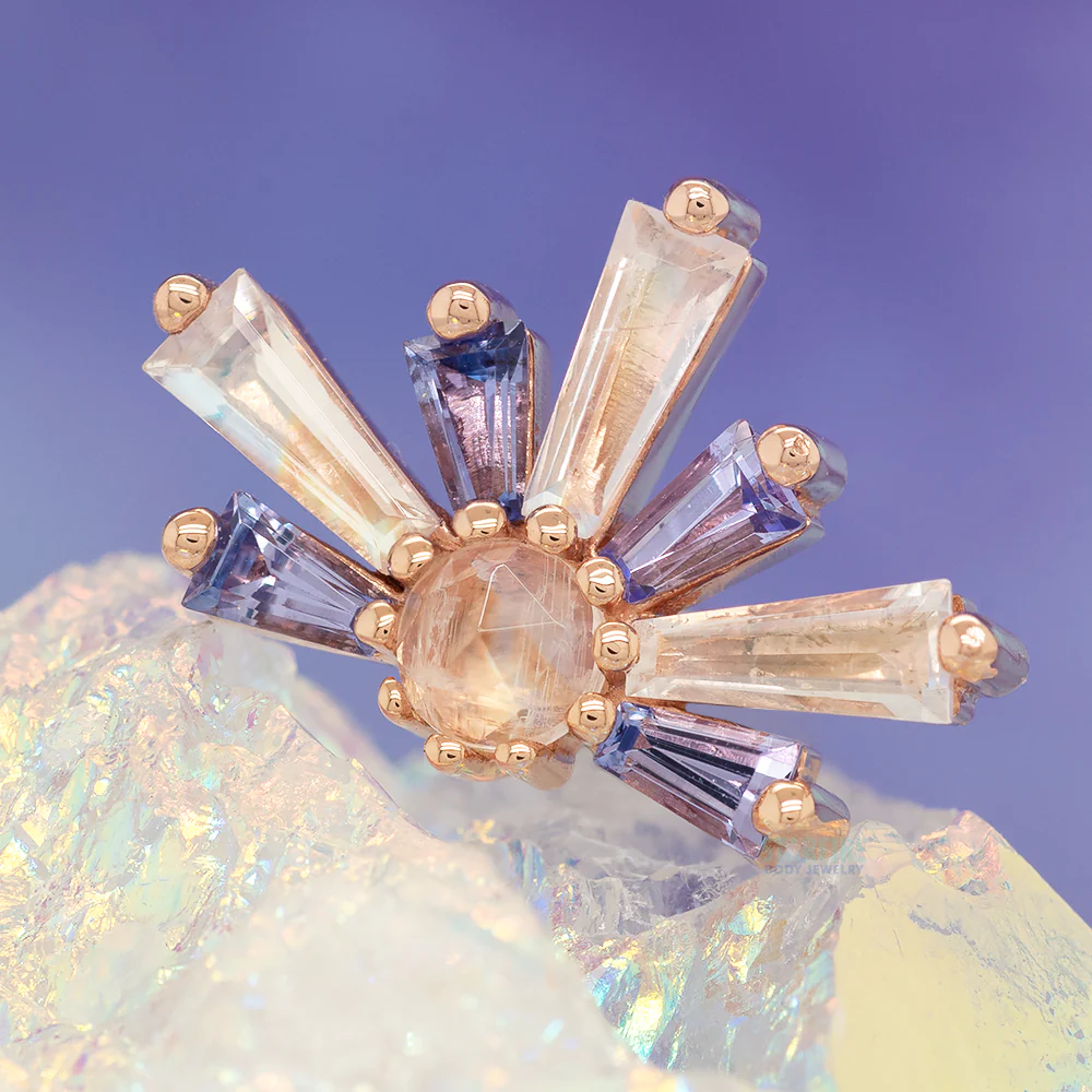 "Half Supernova" Threaded End in Gold with Rainbow Moonstone & Tanzanite - Image 2