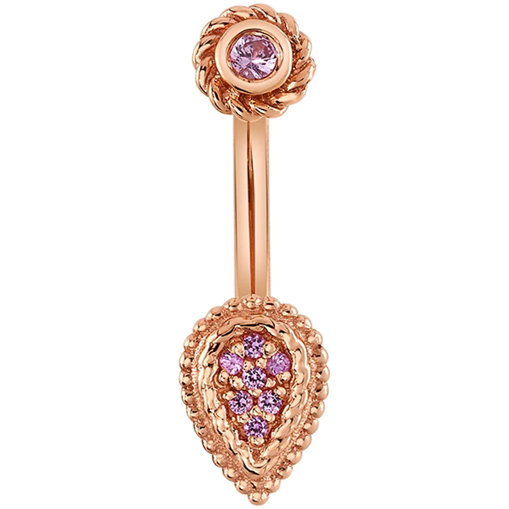 "Kendra Pear" & "Raine" Navel J Curve in Gold with Rhodolite