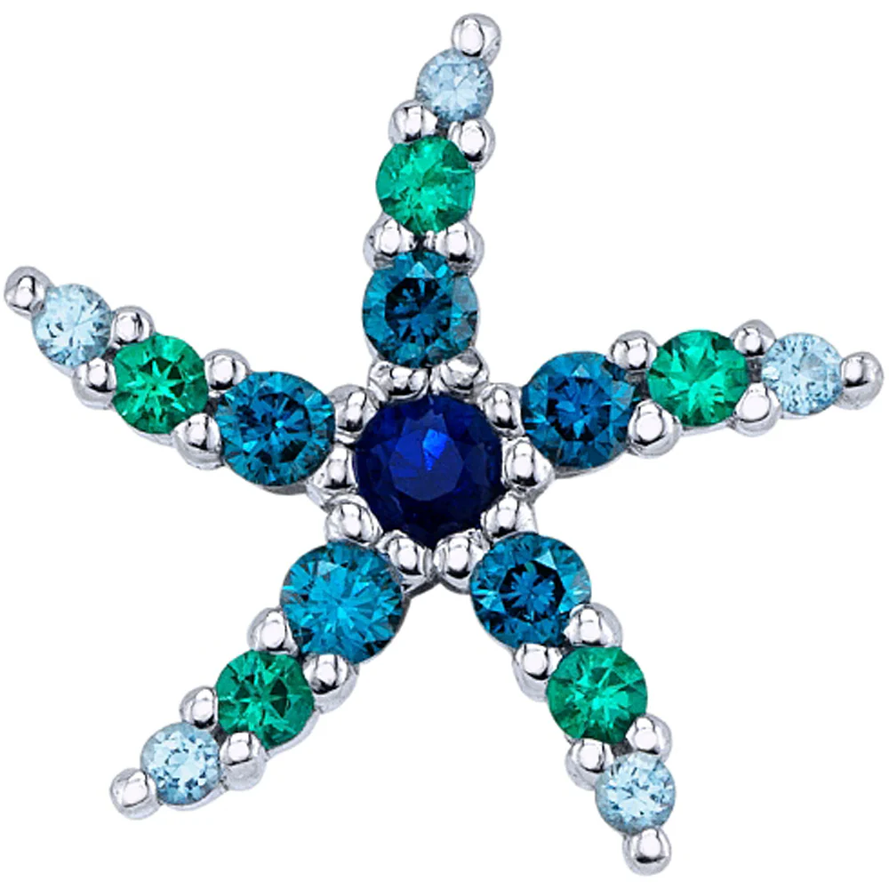 Micro Pave Starfish Threaded End in Gold & Platinum with Blue Sapphire, Ocean Blue Diamond, Chatham Emerald & Swiss Blue Topaz' - Image 2