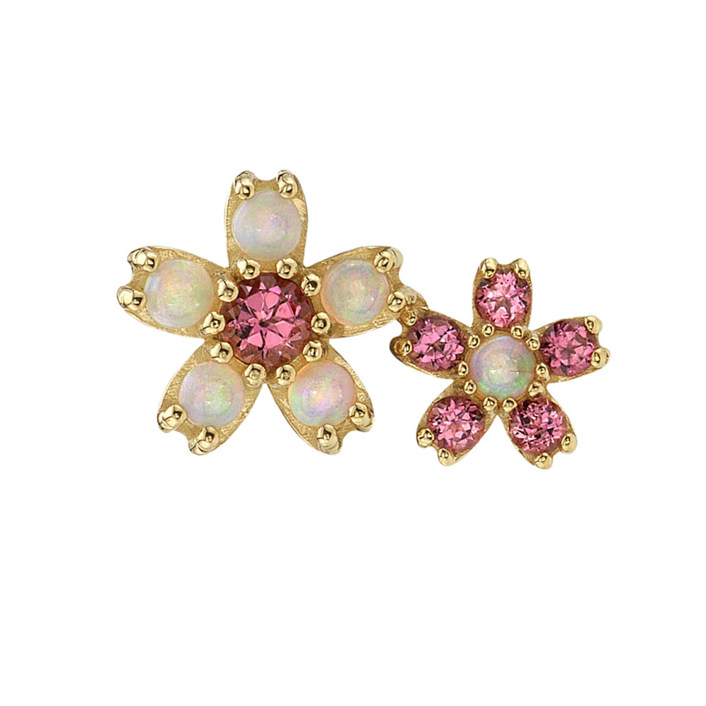 Mini Cherry Blossom Cluster Threaded End in Gold & Platinum with Genuine White Opals & Pink Tourmaline - Image 2