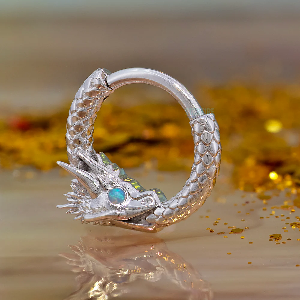 Ouroboros Dragon Hinge Ring in Gold with Genuine White Opals - Image 2