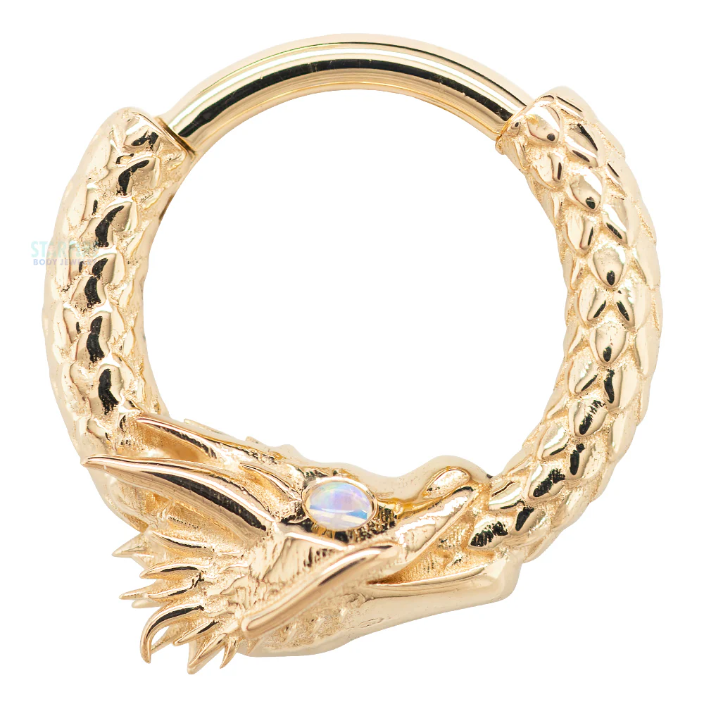 Ouroboros Dragon Hinge Ring in Gold with Genuine White Opals - Image 3
