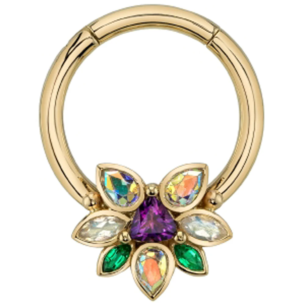 "Saamnang" Hinge Ring in Gold with Amethyst, Mercury Mist Topaz, Rainbow Moonstone & Emerald