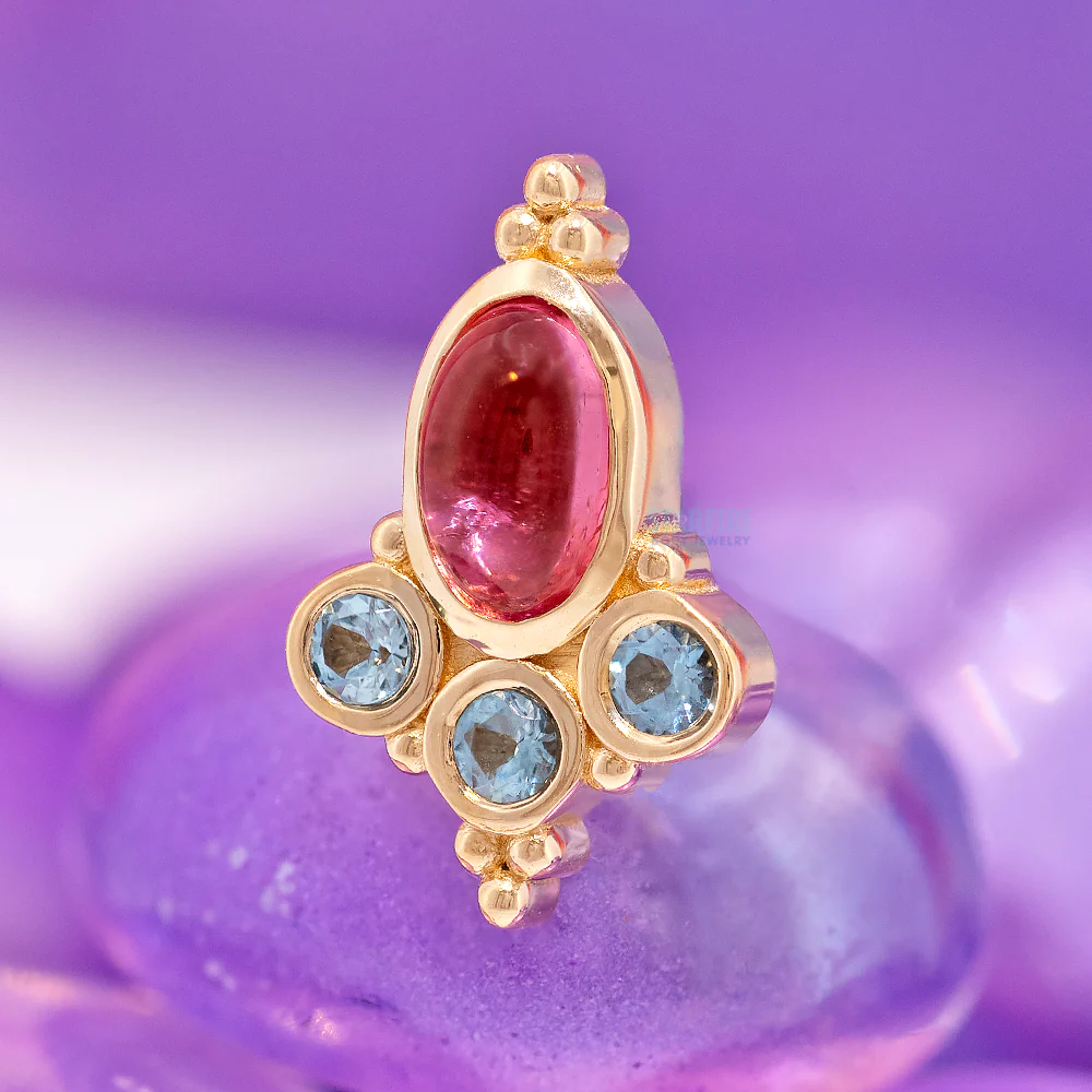 "Sarai Oval" Threaded End in Gold & Platinum with Pink Tourmaline Cabochon & Aquamarine - Image 2