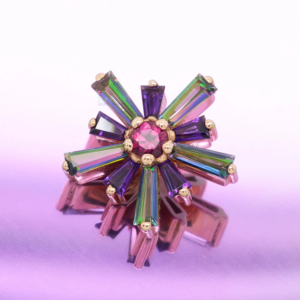 "Supernova" Threaded End in Gold & Platinum with Mystic Topaz & Amethyst surrounding a Pink Tourmaline - Image 2