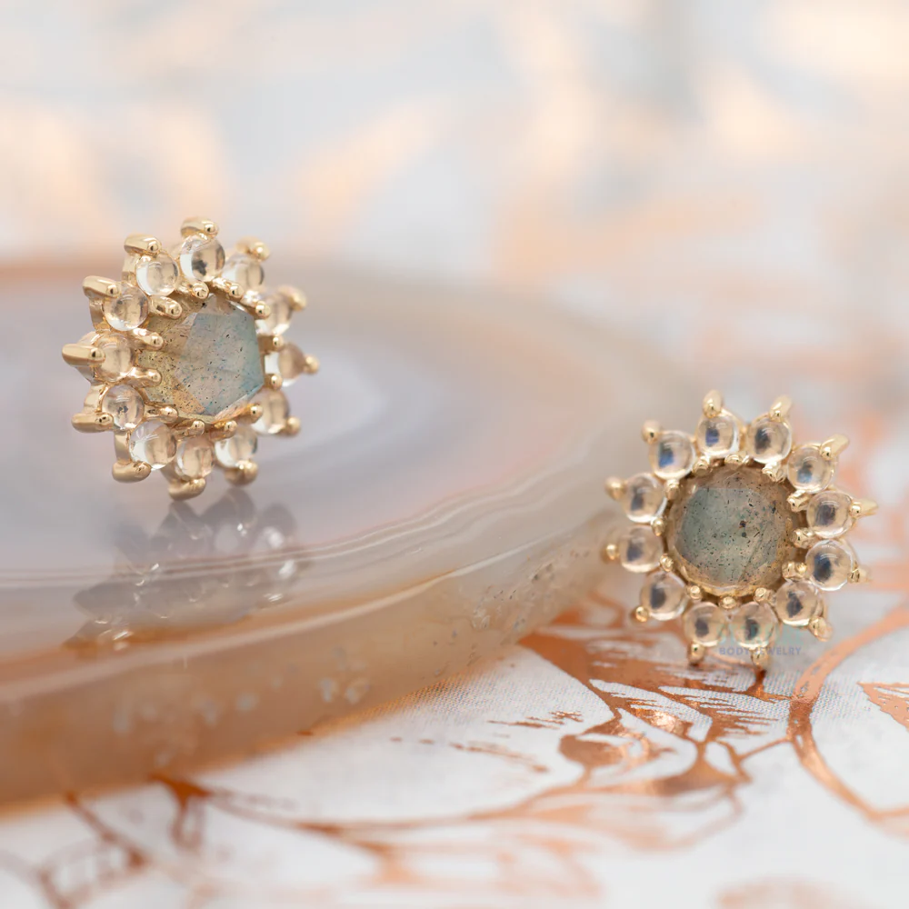 "The Rose" Threaded End in Gold with Rose Cut Labradorite center & Rainbow Moonstone Cabochon petals - Image 2