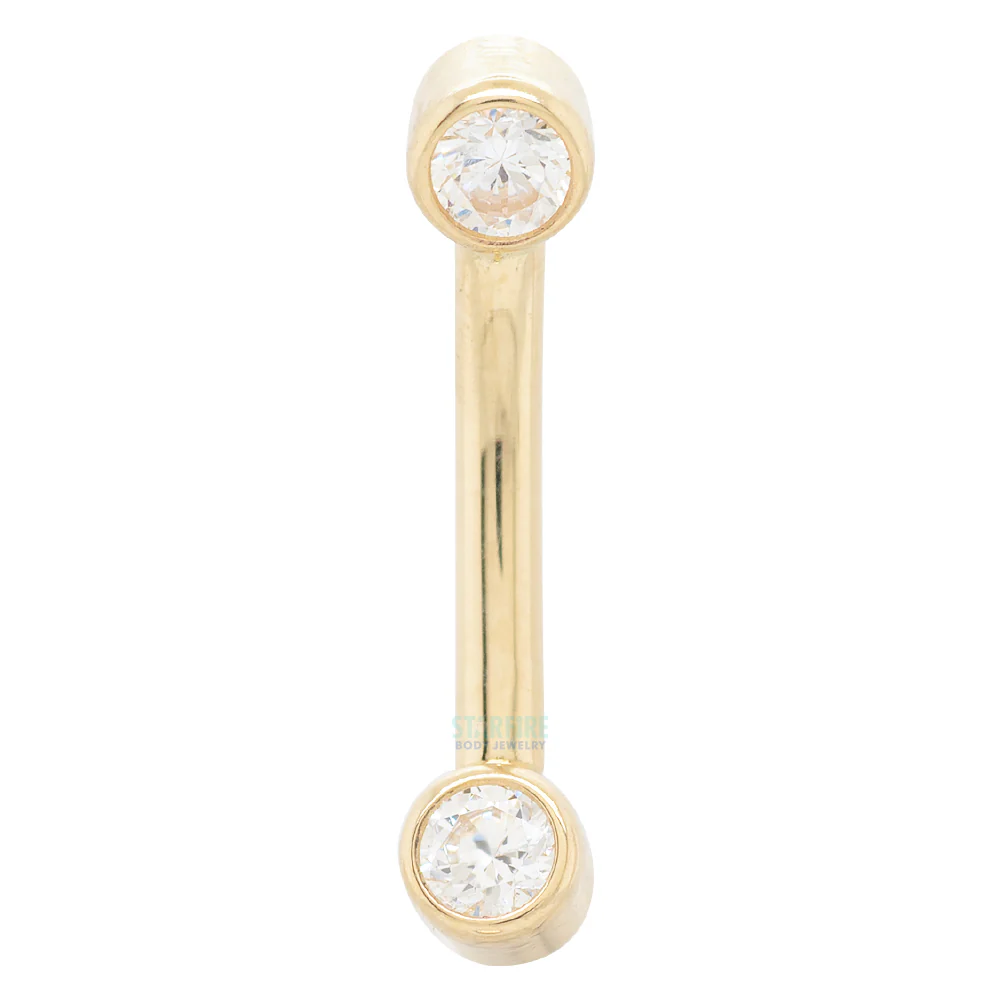Gold Curved Barbell with White CZ's in Forward Facing Bezels - Image 3
