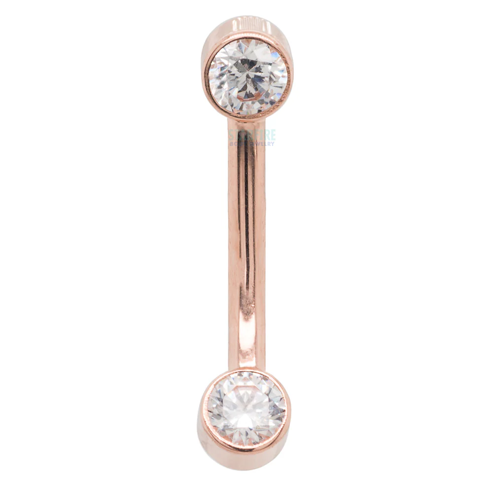 Gold Curved Barbell with White CZ's in Forward Facing Bezels - Image 4