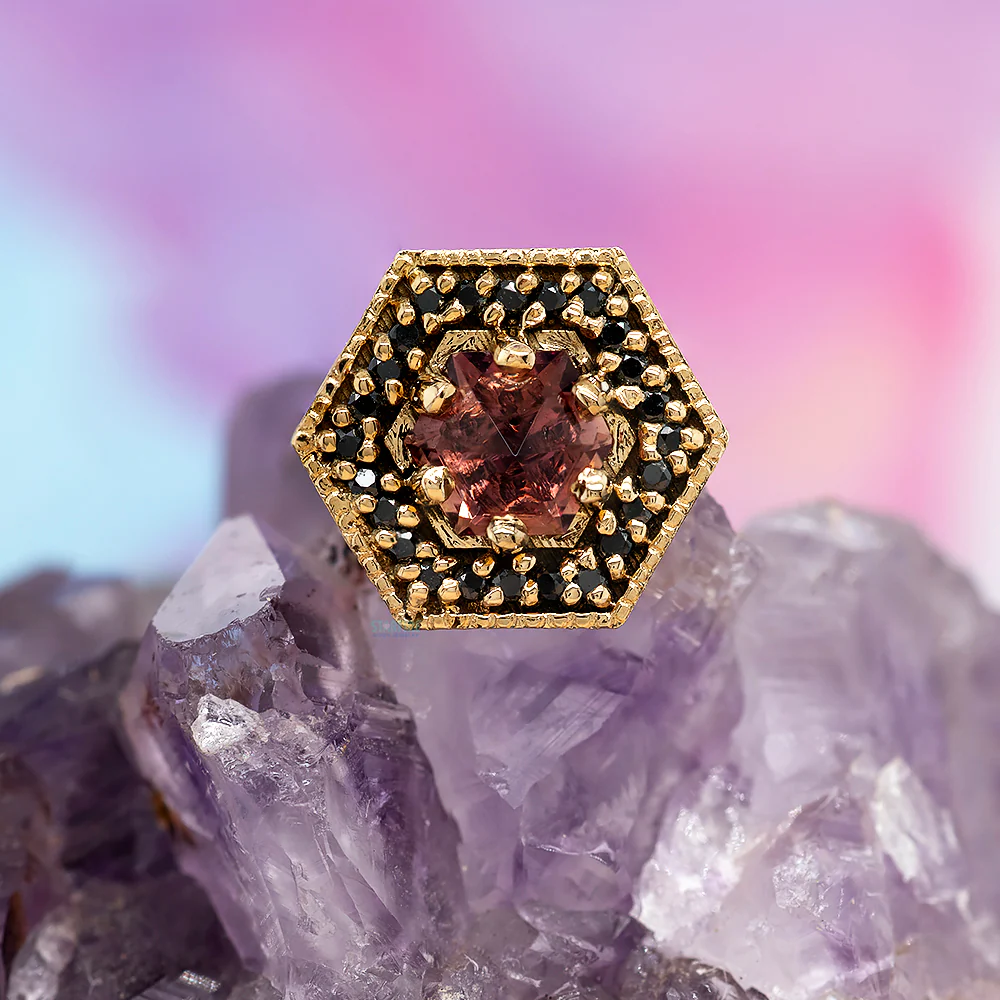 threadless: "Hex Halo" End in Gold with Mozambique Sapphire & Black Diamonds - Image 2