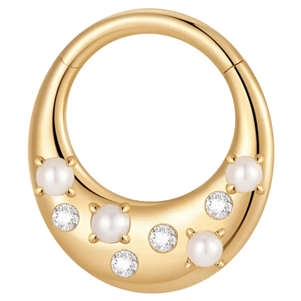 "Glow Getter" Hinge Ring / Clicker in Gold with Pearl & Moissanites - Image 3