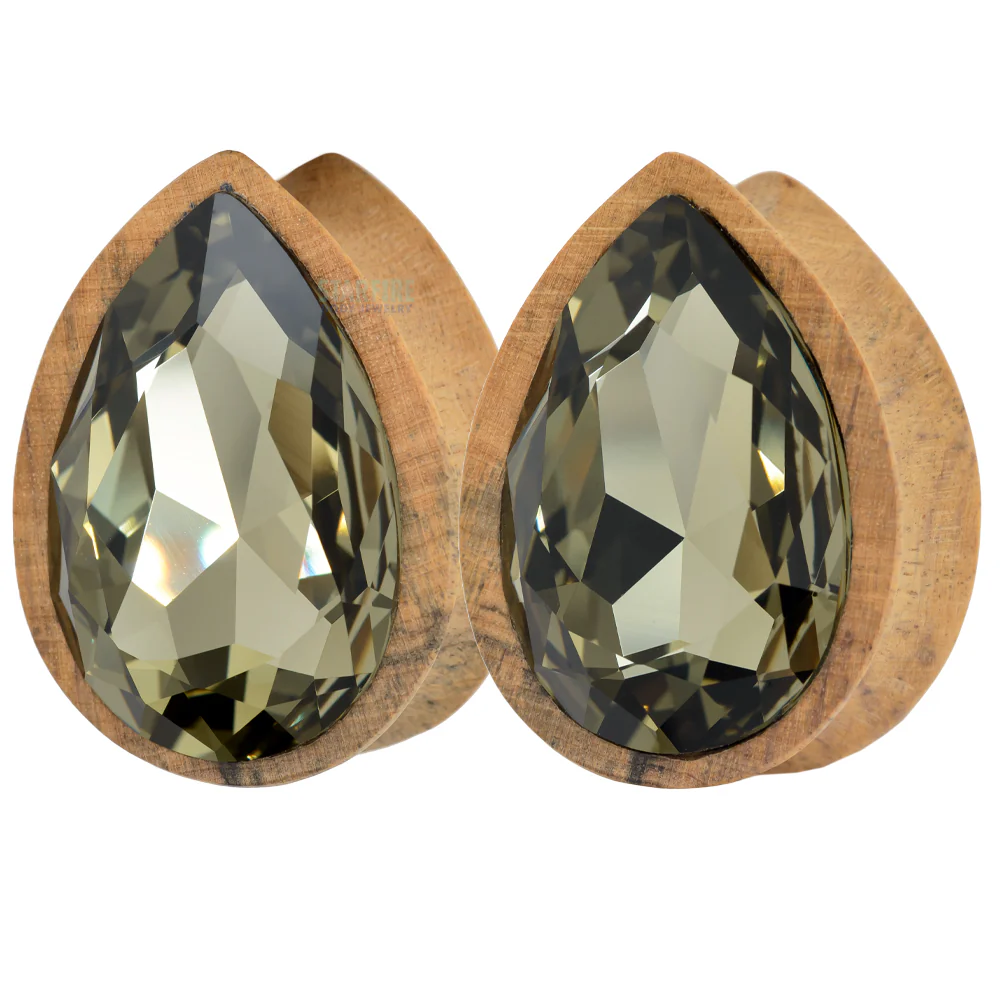 Teardrop Swarovski Plugs in Black & White Ebony Wood - Black Diamond