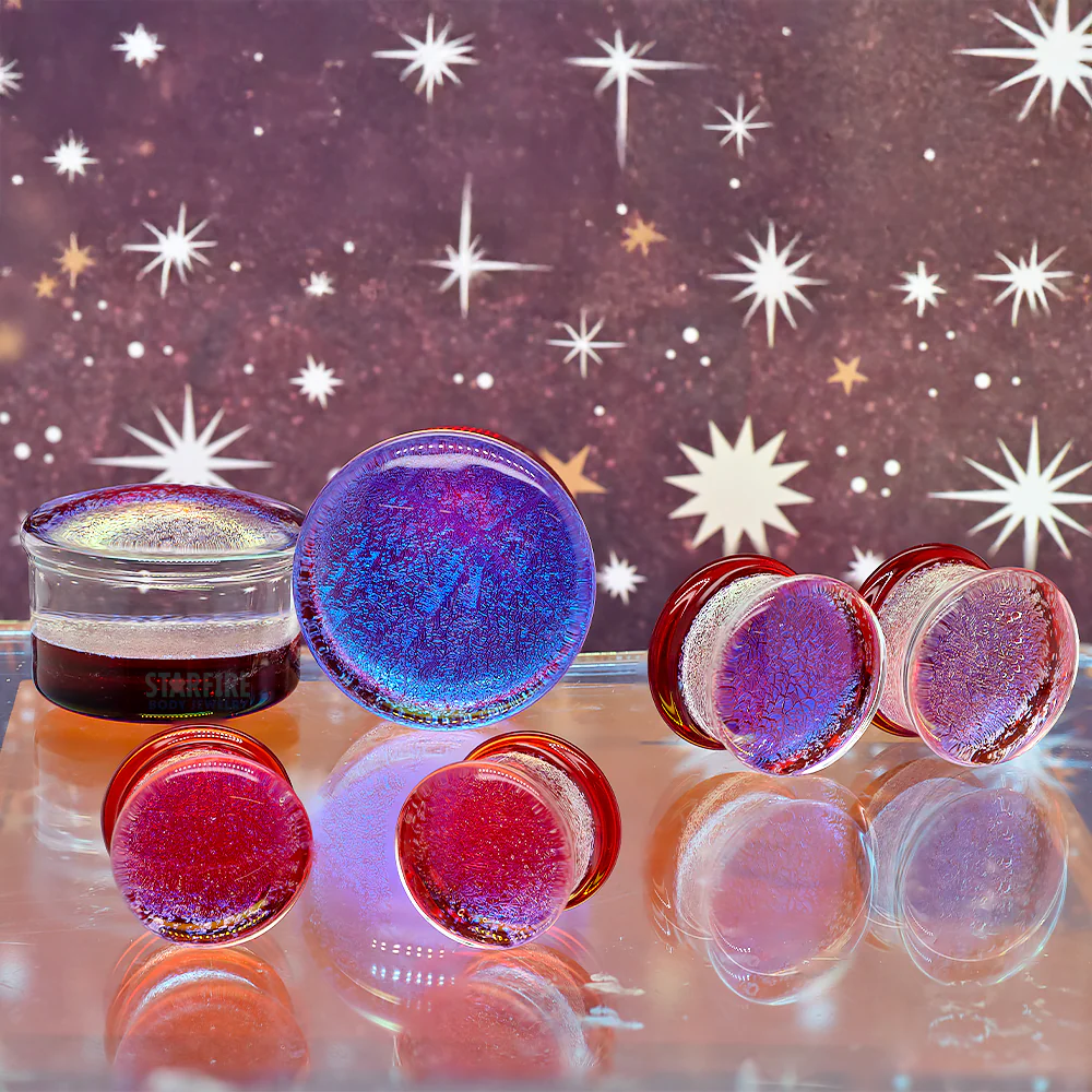 Foil Glass Plugs - Blue on Ruby - Image 2