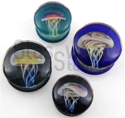 Jellyfish - Amber/Purple on Caribbean Blue Glass Plugs - Image 4