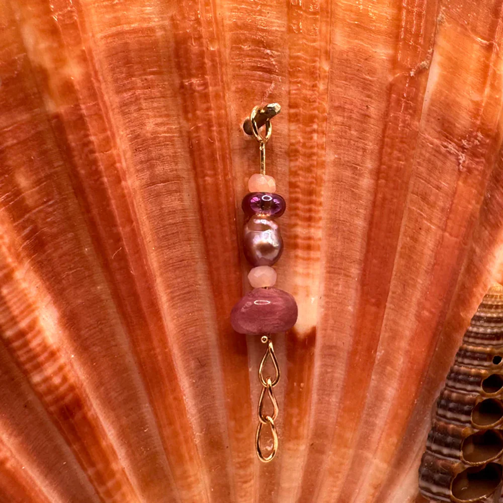 "Ocean Cairn" Chain Charm in Gold with Tourmaline, Pink Opal, Fluorite & Pearl