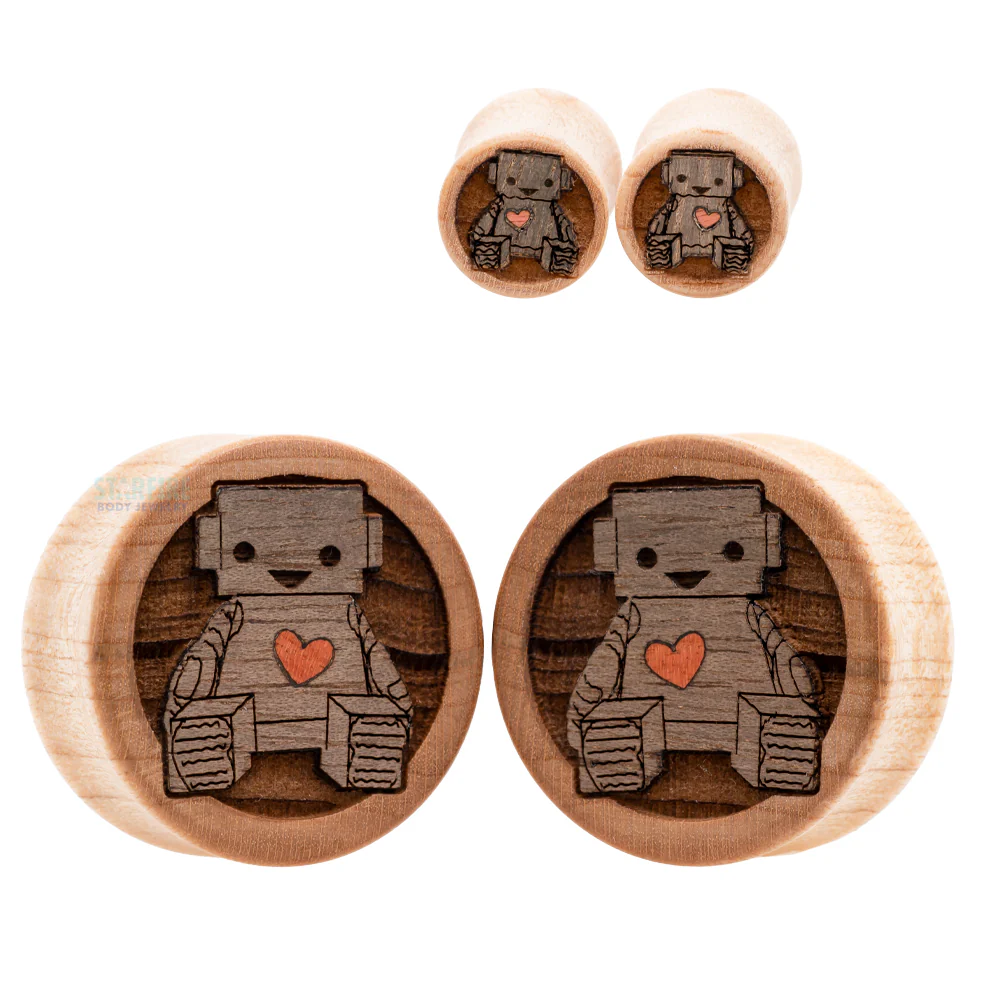 "Love Machine" Robot Wood Inlay Plugs