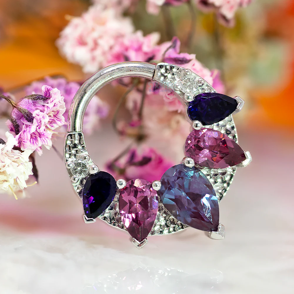 "Penny" Hinge Ring in Gold & Platinum with Chatham Alexandrite, Rhodolite, Amethyst & Grey Diamonds - Image 2