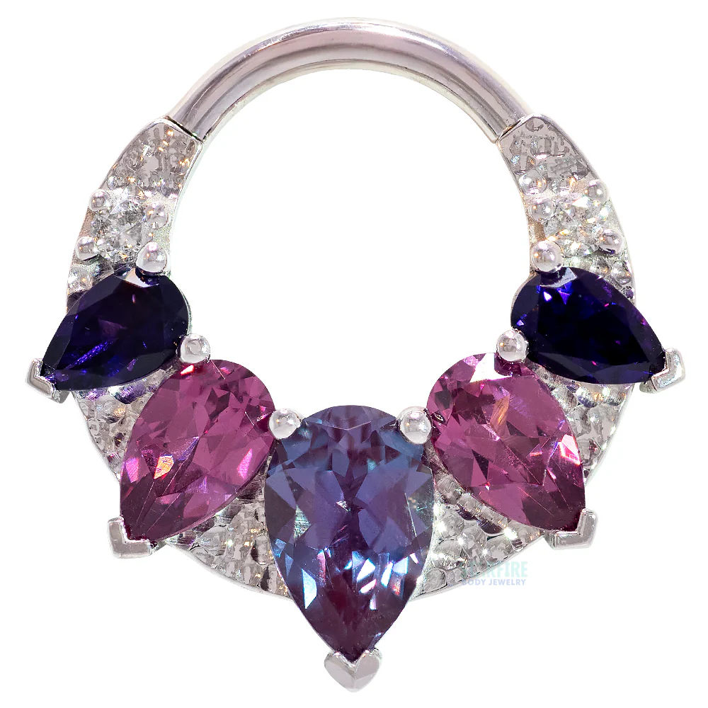 "Penny" Hinge Ring in Gold & Platinum with Chatham Alexandrite, Rhodolite, Amethyst & Grey Diamonds - Image 3