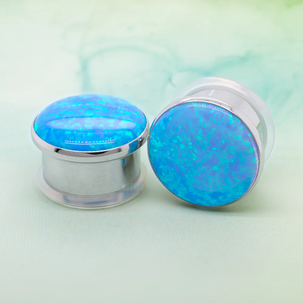 Single Gem Plugs ( Eyelets ) with Opal Cabochon - Light Blue Opal - Image 3